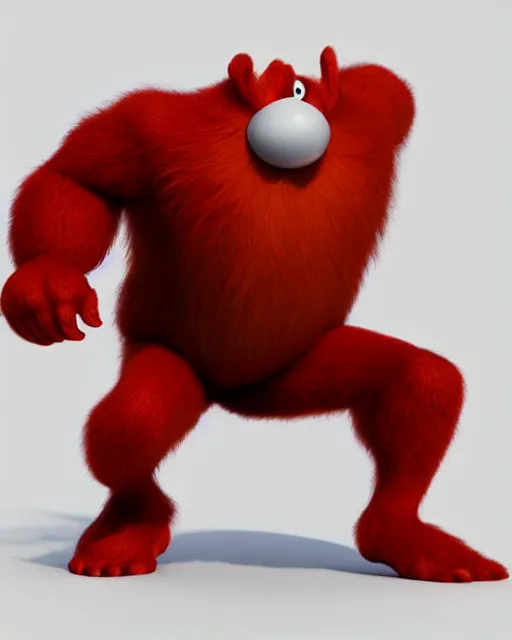 Image similar to 3 d render of completely red hairy friendly antropomorphic simple creature wearing chrome shades, without nose, full body, in the style of pixar, white background, unreal engine 5, octane render, highly detailed hdr