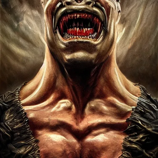 Prompt: Dark fantasy Painting of a hulking muscular demonic with drool dripping from its mouth, hr giger muscles, disgusting, creepy, unsettling, horror, upper body, intricate, wild, highly detailed, digital painting, artstation, concept art, smooth, sharp focus, illustration, art by artgerm and greg rutkowski and alphonse mucha