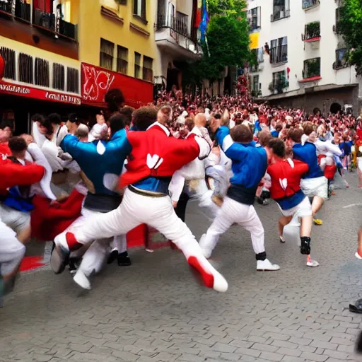 Image similar to giant screaming bob ross running from the bulls in pamplona spain