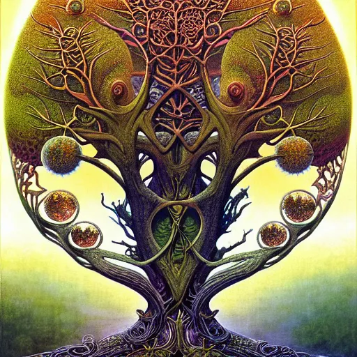 Image similar to tree of life by roger dean and andrew ferez, art forms of nature by ernst haeckel, divine chaos engine, symbolist, visionary, art nouveau, botanical fractal structures, organic, detailed, realistic, surreality