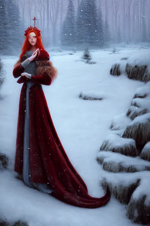 Image similar to nostalgia for a fairytale, nordic, snowing, medieval maiden dressed in furs, red velvet gown, long hair, tall and thin, illustration, dramatic lighting, soft details, painting, art nouveau, octane render, 8 k, hd, by edmund blair leighton, brom, charlie bowater, faces by otto schmidt