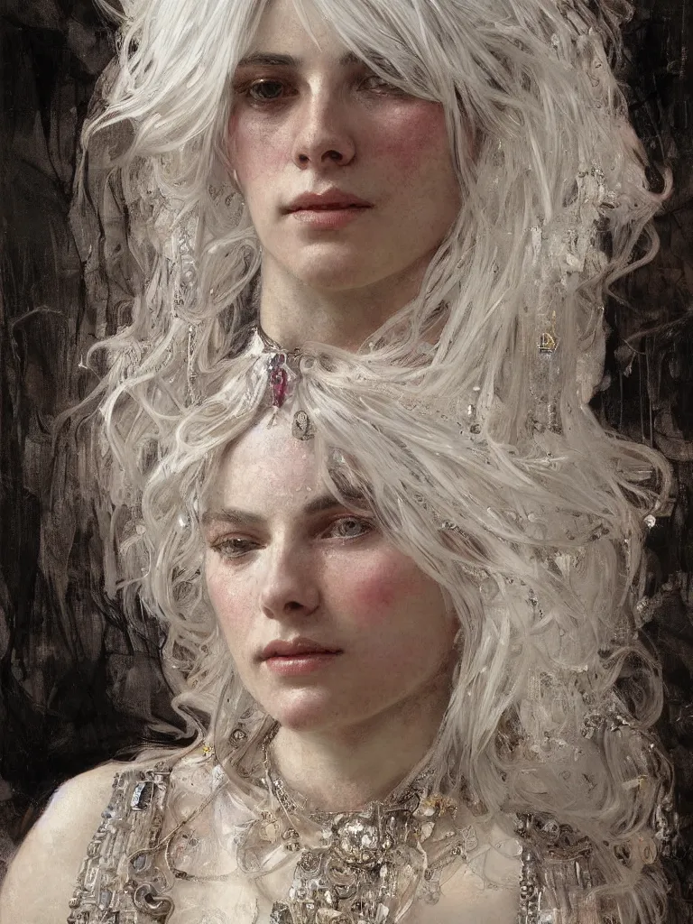 Image similar to a highly detailed beautiful white haired woman, adorned with precious stones, intricate line drawings by jeremy mann and alphonse mucha, 8 k resolution, trending on artstation, very very detailed, masterpiece, stunning,