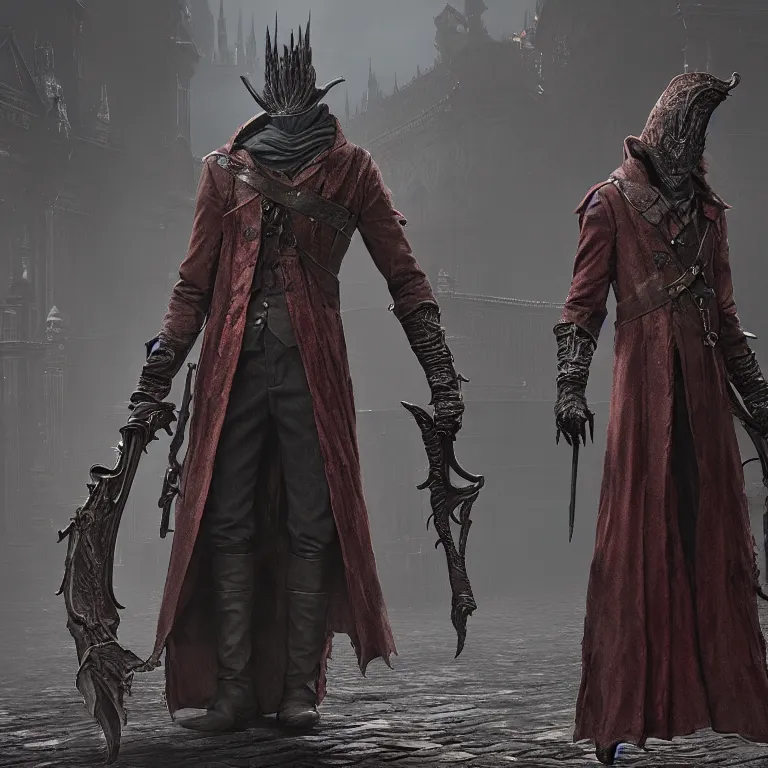 Prompt: An extremely confused Bloodborne character standing outside an Arbys