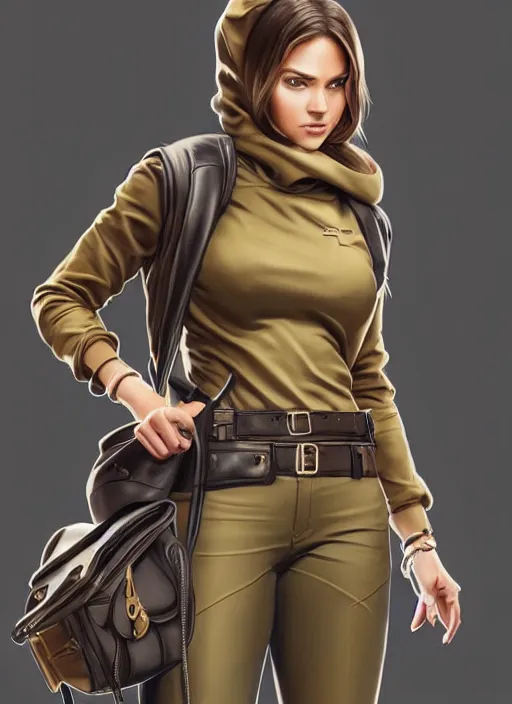 Prompt: full figure character concept art of a gorgeous young woman wearing a designer khaki outfit with a backpack and hoodie and leather belts in the style of stefan kostic, realistic, sharp focus, 8k high definition, insanely detailed, intricate, elegant, art by stanley lau and artgerm