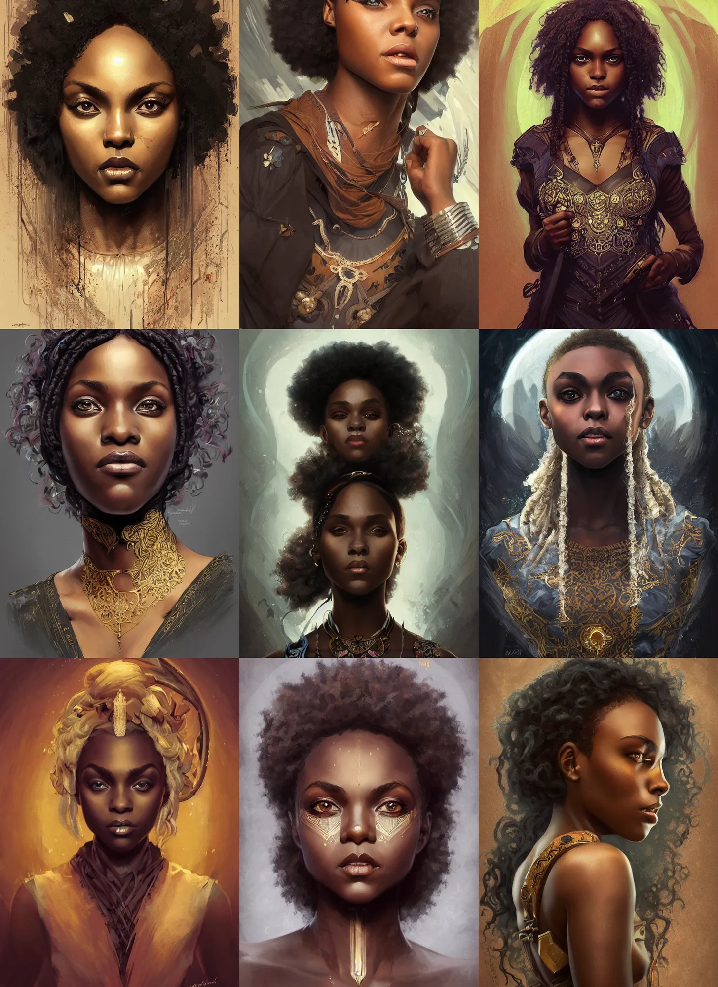 Prompt: black african annasophia robb, symmetrical portrait, d & d, fantasy, intricate, elegant, highly detailed, digital painting, artstation, concept art, sharp focus, illustration, art by aleksi briclot, greg rutkowski and alphonse mucha