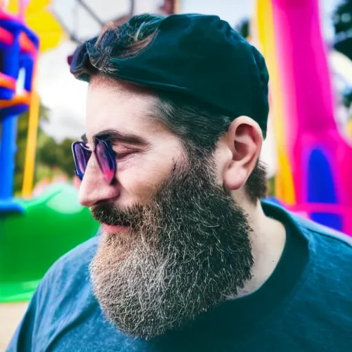 Image similar to A bearded man walks through a funpark