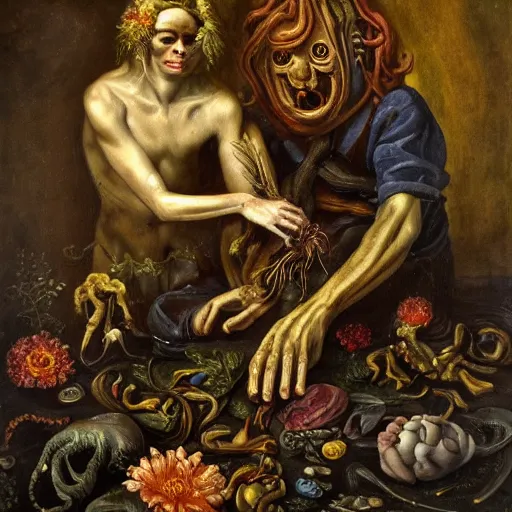 Image similar to disgusting disturbing strange dutch golden age oil painting bizarre mutant flower floral still life with many human toes realistic human toes blossoming everywhere insects very detailed fungus tumor disturbing tendrils bizarre slimy forms sprouting up everywhere by rachel ruysch christian rex van minnen black background chiaroscuro dramatic lighting perfect composition masterpiece high definition 8 k 1 0 8 0 p