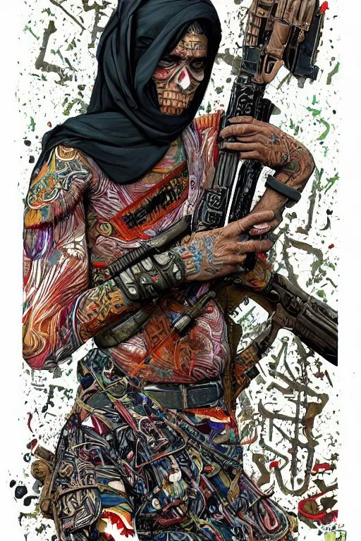 Image similar to taliban anarchy. symmetrical anatomy, very detailed design, complexity of the picture, with pop punk style, colorful, accompanied by body, pure image without duplication, dribble popular, trending on arstation, drawn by ilya kuvshinov and vinicius gud and gustavo zambelli, intricate, ultra high definition, super scale rendered