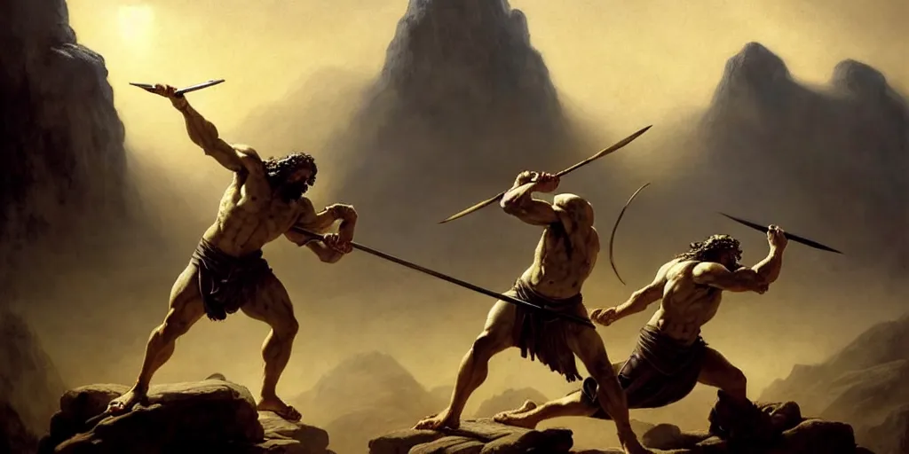 Prompt: realistic painting of biblical Cain with a spear fighting Abel with a scythe, a stone altar with white smoke ascending in the background, masculine and rugged, inspired art by Frazetta + facial symmetry + dramatic volumetric lighting, well lit, 8k octane render, intricate, epic composition, golden hour cinematic lighting + masterpiece, trending on artstation, very detailed, masterpiece, stunning