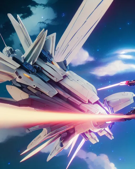 Image similar to highly detailed vfx portrait of a gundam with wings of feathers beam saber fighting in space with a beam gun, unreal engine, greg rutkowski, loish, rhads, beeple, makoto shinkai and lois van baarle, ilya kuvshinov, rossdraws, tom bagshaw, alphonse mucha, global illumination, detailed and intricate environment