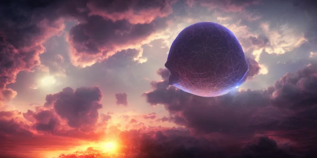 Image similar to glowing atom amongst clouds, volumetric, digital art, art station, extremely detailed