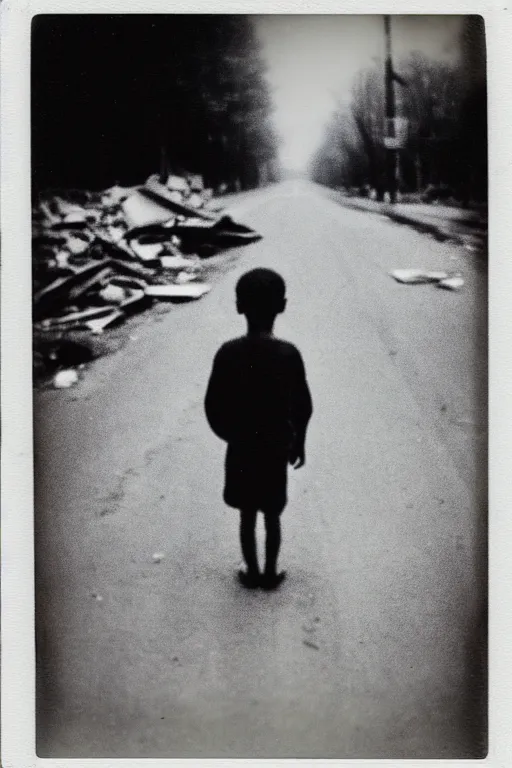 Image similar to photo polaroid of a sad and lonely child in the middle of a road destroyed by bombs ,war, has a gun in his hand, loneliness,, black and white ,photorealistic, 35mm film,