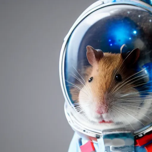 Prompt: photograph of a hamster wearing an astronaut helmet, sharp focus, hd, studio lighting, enhanced colors, cinematic lighting, 8k