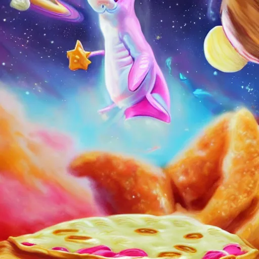 Image similar to highly detailed concept art in of a happy little pink dolphin flying through space eating pizza and cheese, where the planets are candy, hd, trending on artstation