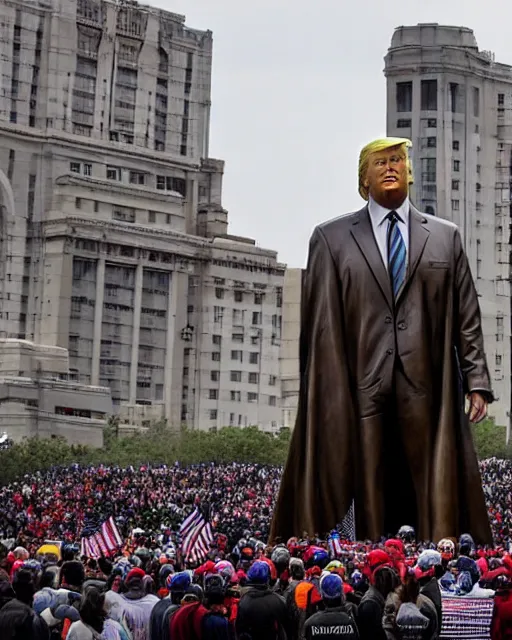 Image similar to a gigantic 1 0 0 0 foot tall bronze statue of a president donald trump, thousands of tiny onlookers, photorealistic, atmospheric