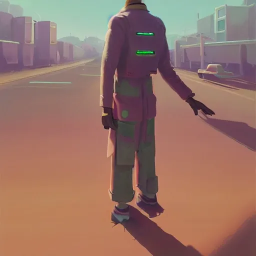 Image similar to a painting of a person standing on a road, concept art by chris labrooy, cgsociety, retrofuturism, sci - fi, concept art, futuristic