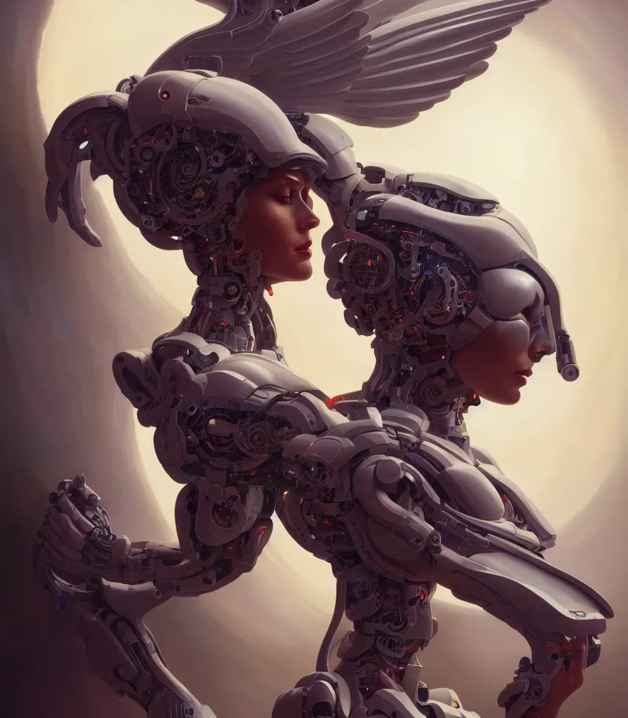 Prompt: a beautiful painting a portrait of cyborg angel, symetrical scene, symetric character, trending in artstation, octane render, 8 k, by peter mohrbacher, zaha hadi