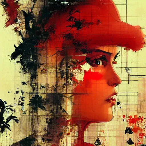 Image similar to portrait of a nostalgic latina in red monk habit being progressively rasterized into pixels from another world, she is surrounded by digital birds, oil on canvas by yoji shinkawa, esao andrews, dave mckean and stina persson