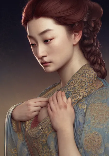 Image similar to asian sansa, intricate, elegant, highly detailed, digital painting, artstation, concept art, smooth, sharp focus, illustration, art by artgerm and greg rutkowski and alphonse mucha and william - adolphe bouguereau