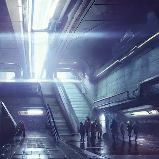 Image similar to scifi concept art by greg rutkowski, futuristic subway station with a lot of people waitintg, futuristic brutalist aesthetic, dim ilumination, highly detailed portrait, digital painting, artstation, concept art, smooth, sharp foccus ilustration, artstation hq