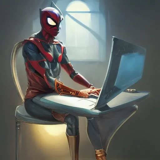 Image similar to a insanely detailed painting of masked superhero wearing a costume sitting at the computer nervously clicking on the mouse in the style of peter mohrbacher, dramatic lighting and composition, trending on artstation