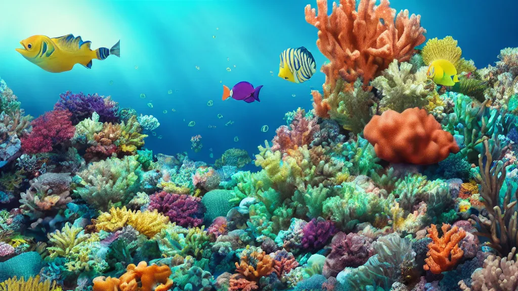 Image similar to underwater photograph of a colorful coral reef, crepuscular rays, rule of thirds, rendered in octane, rendered in vray, rendered in Arnold, insanely detailed, photorealistic, cinematic