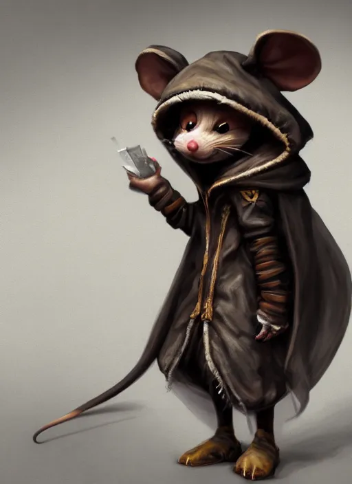 Prompt: full body concept, very fine art oil painting of a cute and sneaky D&D style anthropomorphic mouse hooded thief with a very beautiful face wearing full intricate clothing, ultra detailed, octane render, 4K, dystopian, micro details