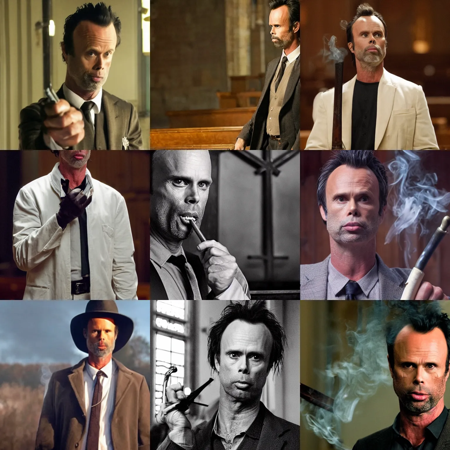 Prompt: walton goggins as a preacher, smoking and holding a weapon, standing inside of a church