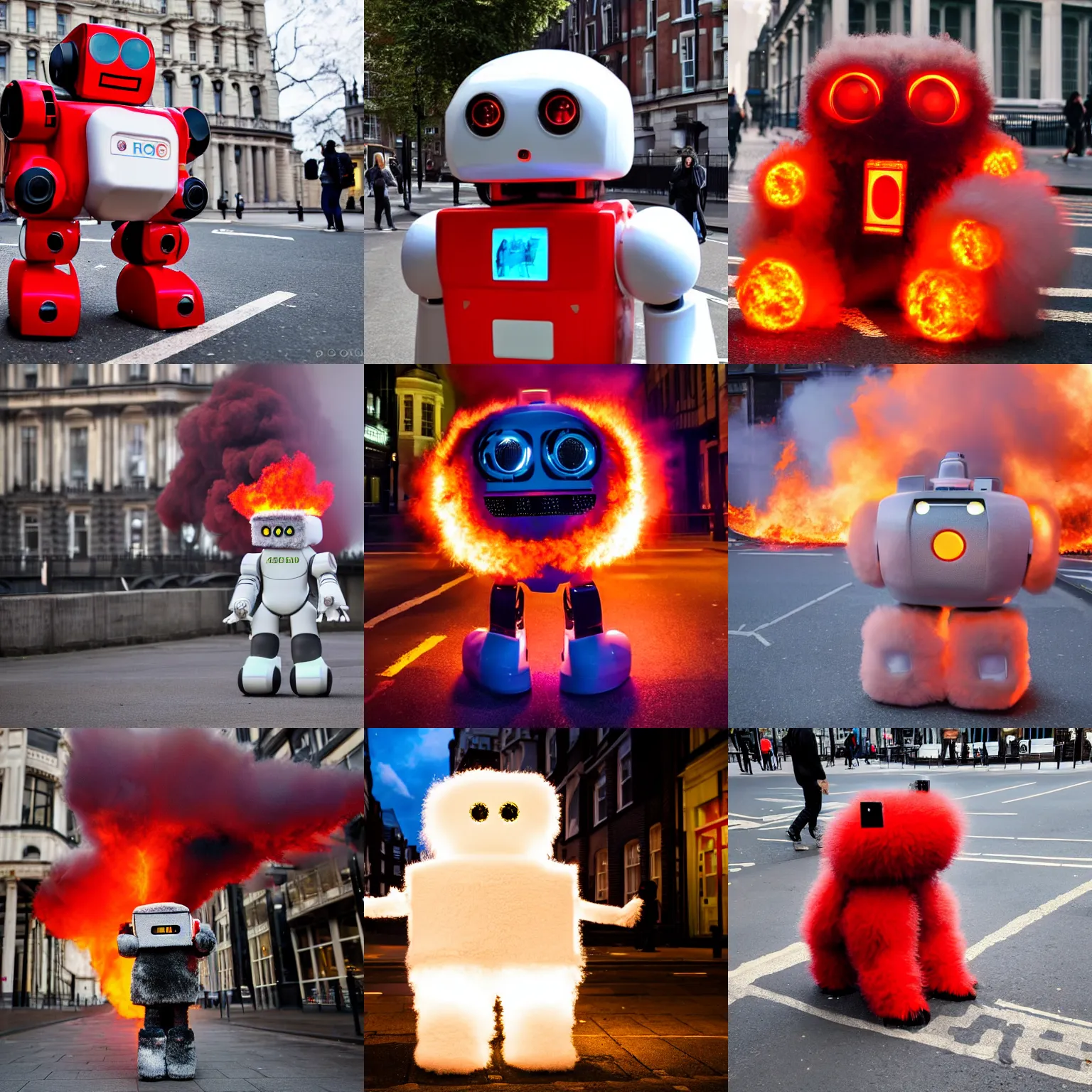 Prompt: huge fluffy adorable robot the size of a building shoots red fire from it's glowing flame eyes in london, full frame