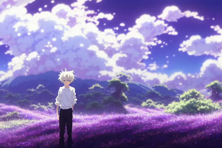 Image similar to a vast scene, panorama distant view, anime art full body portrait character concept art, hyper detailed scene render of a boy and a white lion, anime key visual of violet evergarden, finely detailed perfect face delicate features directed gaze, in the white clouds fairyland, trending on pixiv fanbox, violet evergarden, studio ghibli, james jean, extremely high quality artwork