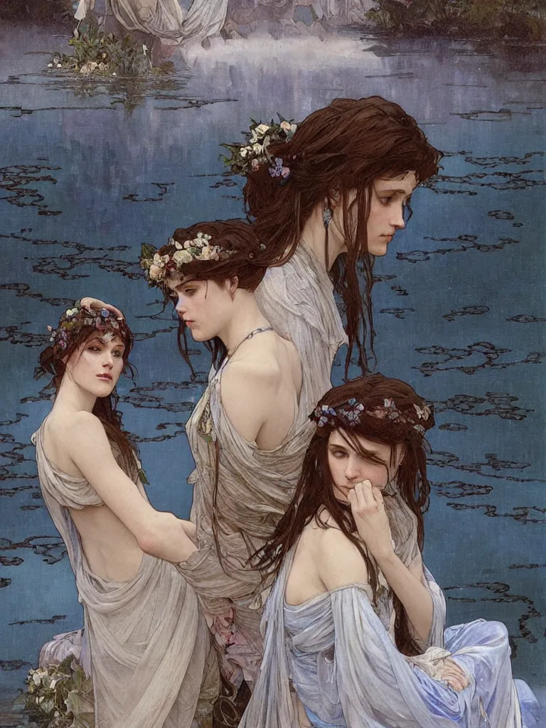 Prompt: detailed painting of two sad brides standing in the river, gloomy, cobalt blue gemstones floating in the river, art by greg rutkowski and alphonse mucha