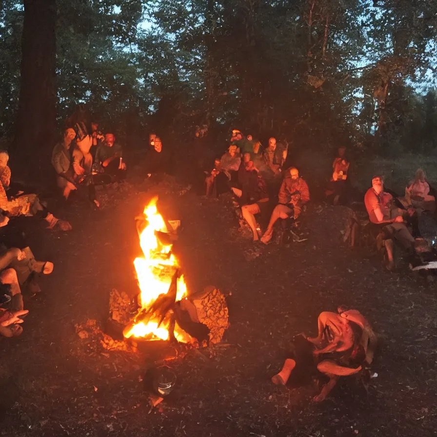 Image similar to a nice evening around the camp fire, friends are drinking and laughing, there is a monster behind the tree