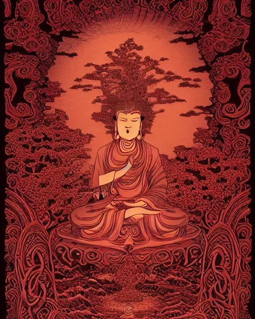 Prompt: Dark red paper with intricate designs,tarot card ,a mandelbulb fractal southeast asian buddha statue,full of golden layers, flowers, cloud, vines, mushrooms, swirles, curves, wave,by Hokusai and Mike Mignola, trending on artstation,elaborate dark red ink illustration