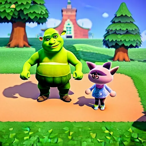 Image similar to shrek in animal crossing new horizons, 3 d render, unreal engine, octane render, ray tracing, unity, highly detailed, high quality, hd, 4 k, 8 k, realistic, sharp, trending