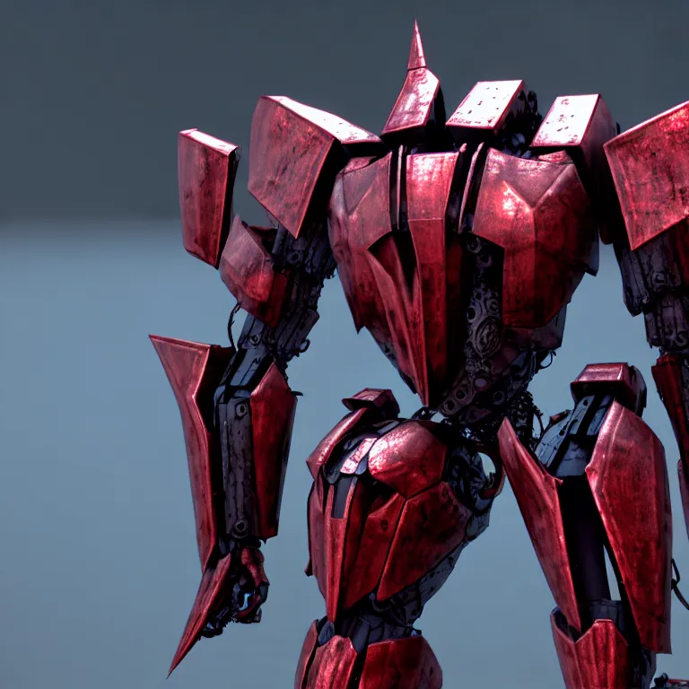 Image similar to hyper detailed 8 k cg cinematic still, rendering with volumetric lightning and ray tracing, crimson skinny full body armored core, weathering armor plating, endoekeleton exposure