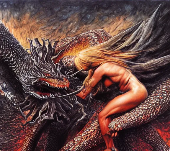 Prompt: intricate painting of salma hayek fighting a dragon by dariusz zawadski and alan lee, contemporary, creepy, acrylic