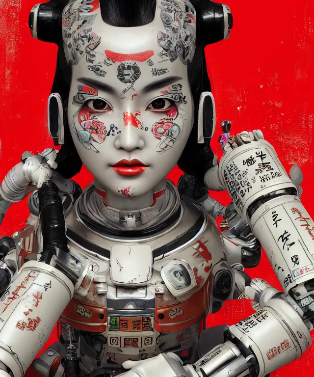 Image similar to an epic fantastic realism comic book style portrait painting of a japanese robotic geisha with kanji tattoos and decals, apex legends, octane render, intricate detail, 4 k hd, unreal engine 5