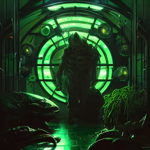 Prompt: menacing aggressive black slimy creature made out of needles, inside a gas station, aggressive harsh bright fluorescent industrial green/blue lighting, extremely detailed digital matte painting buy Greg Rutkowski and Alphonse Mucha