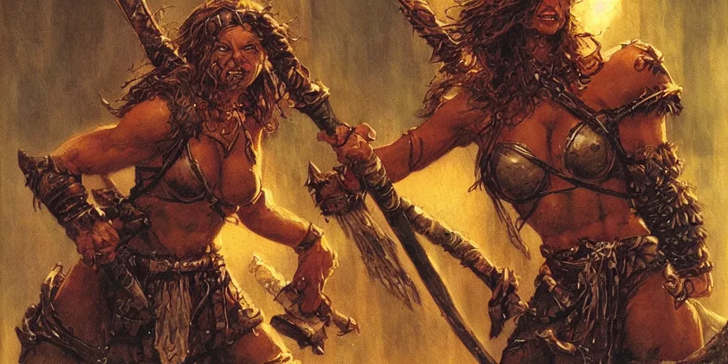 Image similar to heroquest cover art depicting female barbarian by Les Edwards, high quality