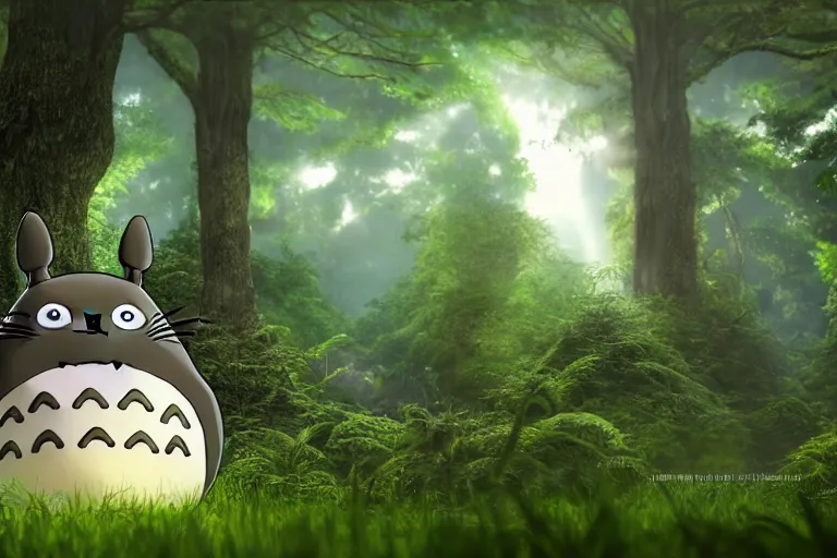 Image similar to photorealistic Totoro sitting in a forest, fantasy, CGI, animated movie, high detail, god rays, Trending on artstation, artstationHD, artstationHQ