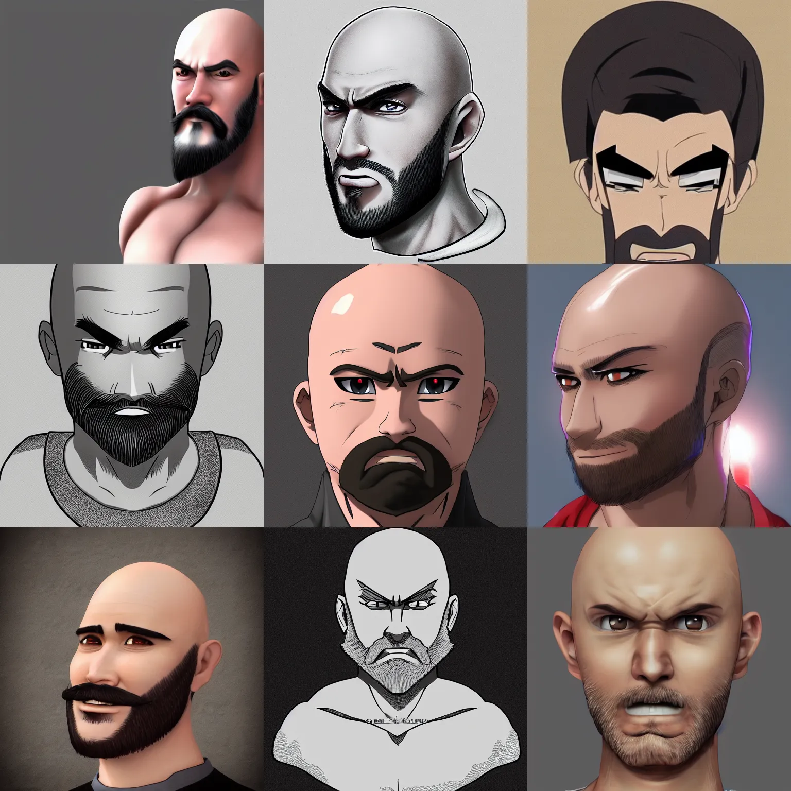 Prompt: balded man with a short beard, anime style, realistic, proud, pride, trending on Artstation