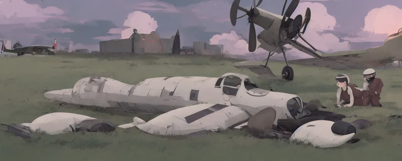 Image similar to dead baby seal dressed as a pilot from the 1 9 3 0 s, on the ground next to a crashed japanese zero plane, atey ghailan, goro fujita, studio ghibli, rim light, harsh bright lighting, clear focus, very coherent