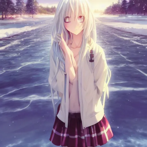 Image similar to a very beautiful anime girl, full body, long silver hair, sky blue eyes, full round face, short smile, casual clothes, ice snowy lake setting, cinematic lightning, medium shot, mid-shot, highly detailed, trending on Artstation, Unreal Engine 4k, cinematic wallpaper by Stanley Artgerm Lau, WLOP, Rossdraws, James Jean, Andrei Riabovitchev, Marc Simonetti, and Sakimichan