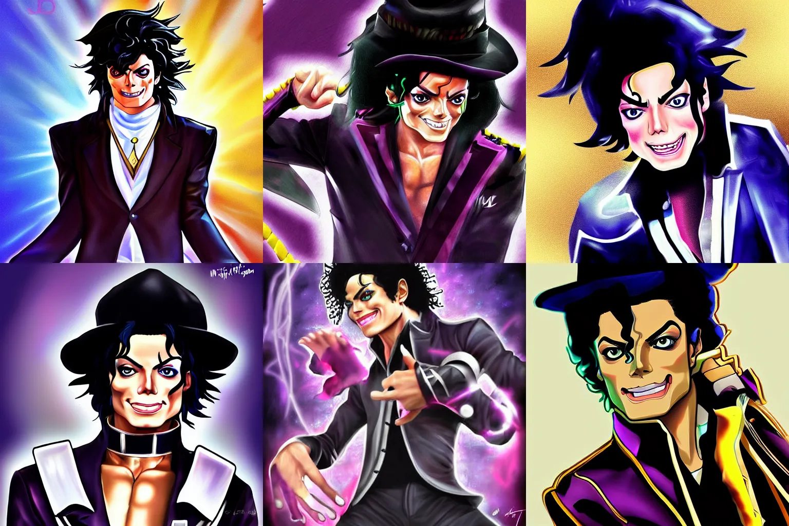 Prompt: digital painting of Michael Jackson posing as a character in Jojo Bizarre Adventure, trending on Artstation