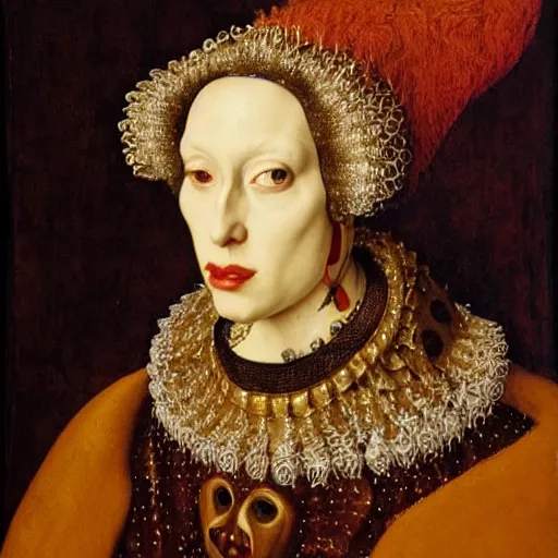 Image similar to portrait of lady gaga, oil painting by jan van eyck, northern renaissance art, oil on canvas, wet - on - wet technique, realistic, expressive emotions, intricate textures, illusionistic detail