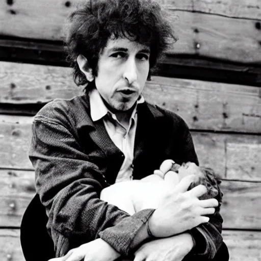 Image similar to bob dylan cradling a fat goblin like a baby, photograph, 1 9 6 5