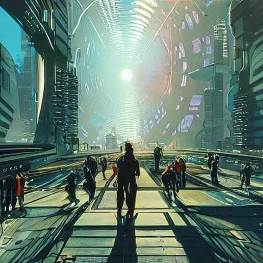 Image similar to busy cyberpunk futuristic cityscape located under a bridgeway, world seen only through a portal, daylight, cinematic perspective, cinematic lighting, blue sky, syd mead, john harris, symmetrical