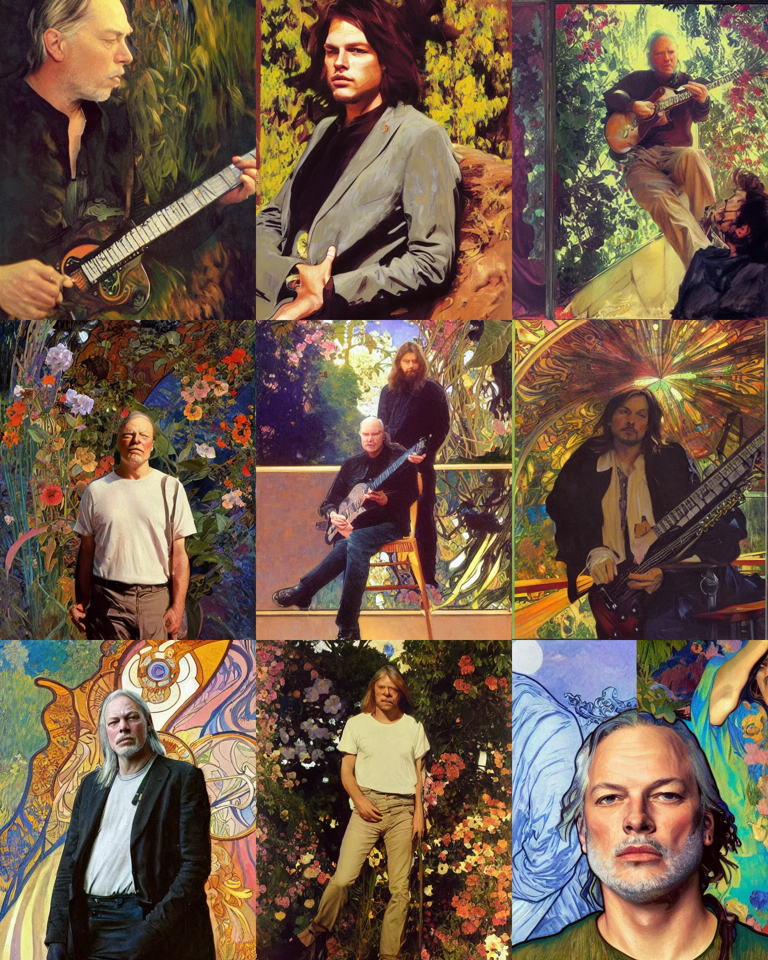 Prompt: david gilmour age 3 0, plein air portrait painting by john singer sargent, mural by dean cornwall, donato giancola, alphonse mucha, fashion photography, psychedelic
