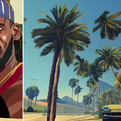 Image similar to Lebron James in GTA V . Los Santos in background, palm trees. in the art style of Stephen Bliss