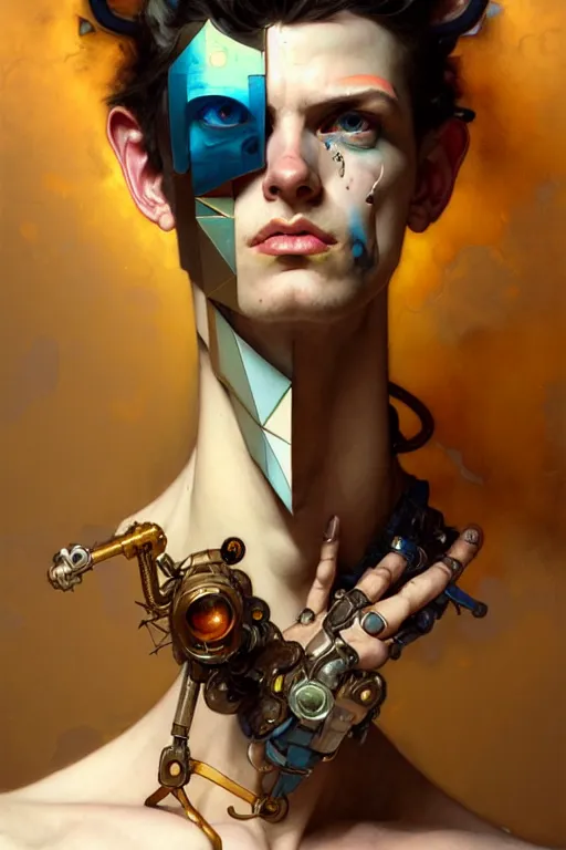 Image similar to portrait, male boy patchwork doll, cyberpunk, elegant baroque, expressive, asymmetrical art, hyperrealism, colorful, vivid, imposing, epic, abstract texture, gold leaf texture, artstation, concept art, by peter mohrbacher and wlop and rhads and artgerm and magali villeneuve and alphonse mucha